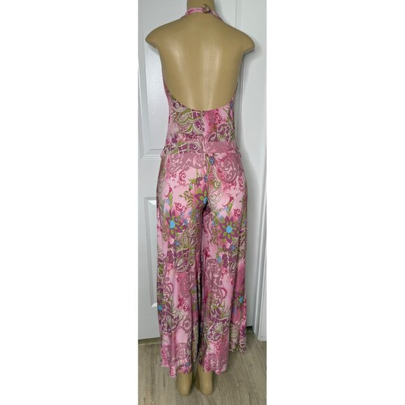 Vintage Ellen & Erin Pink Floral Halter Jumpsuit With Wide-Leg Design Open Back - Picture 4 of 6